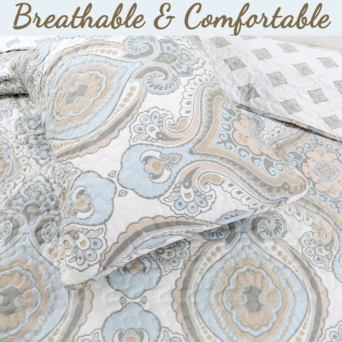 Cozy Line Modern Medallion Sky Blue Tan Gray Brocade Polyester Quilt Bedding Set