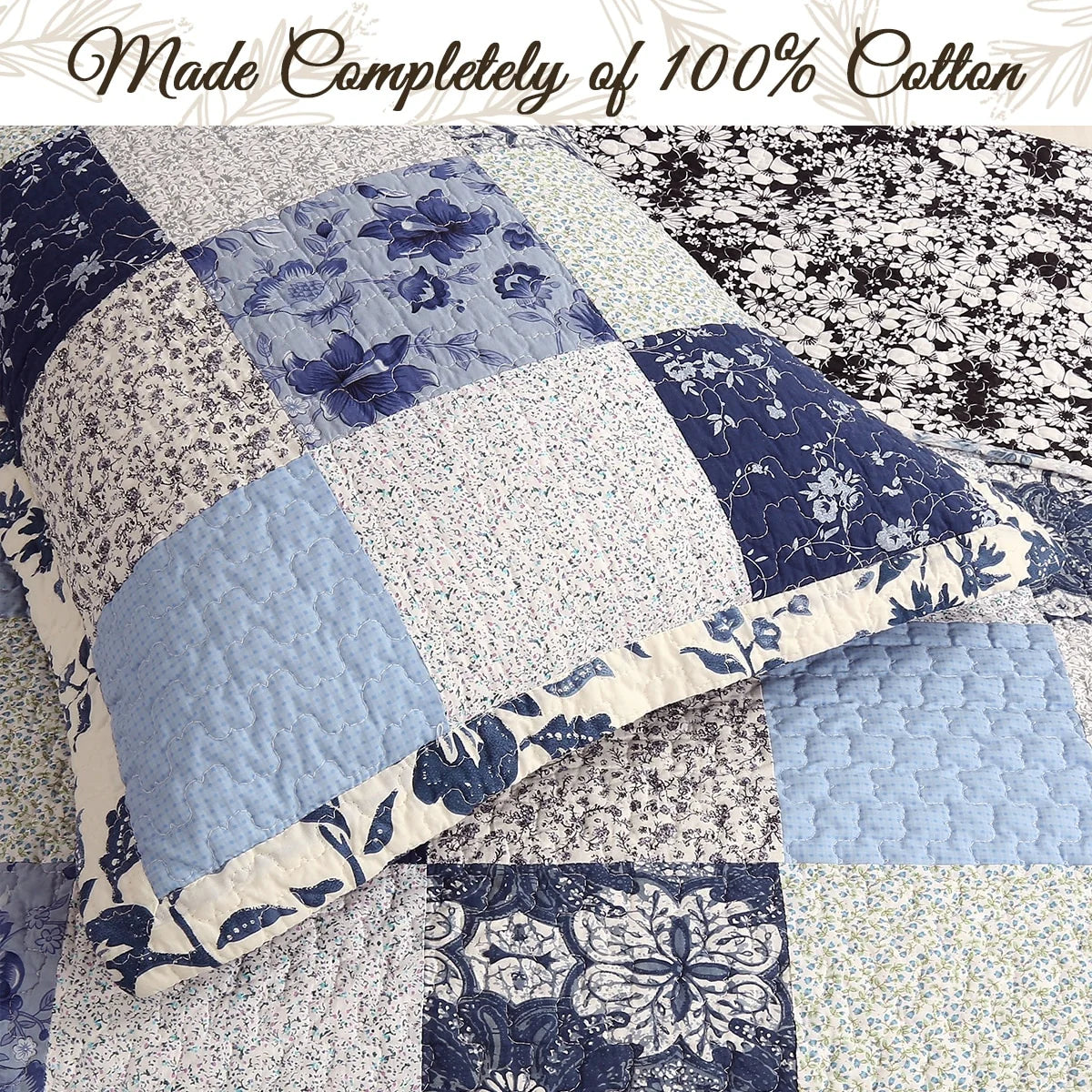 Cozy Line Azure Blue Floral Garden Patchwork 3 Piece Cotton Quilt Bedding Set