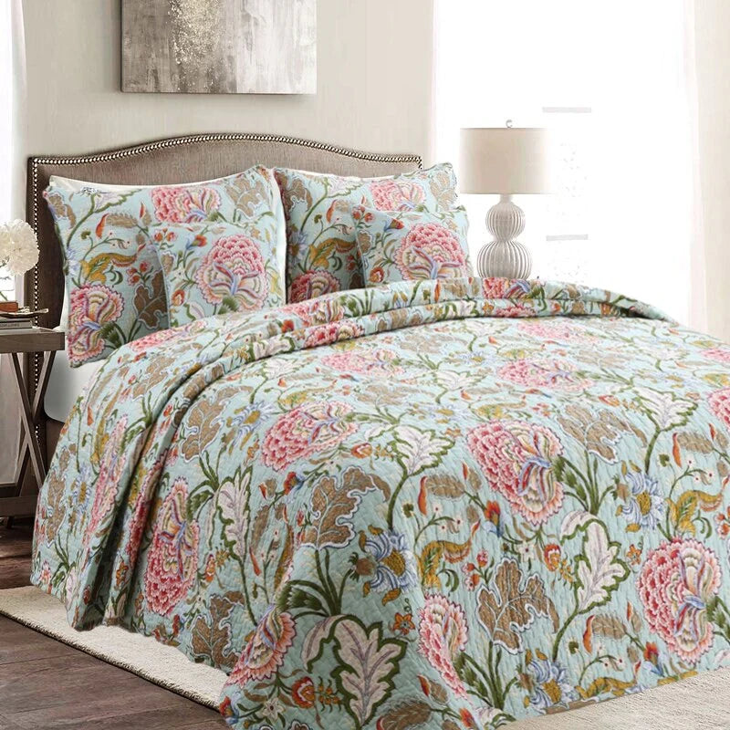 Cozy Line Aregada Floral Cotton 3-piece Reversible Quilt Bedding Set