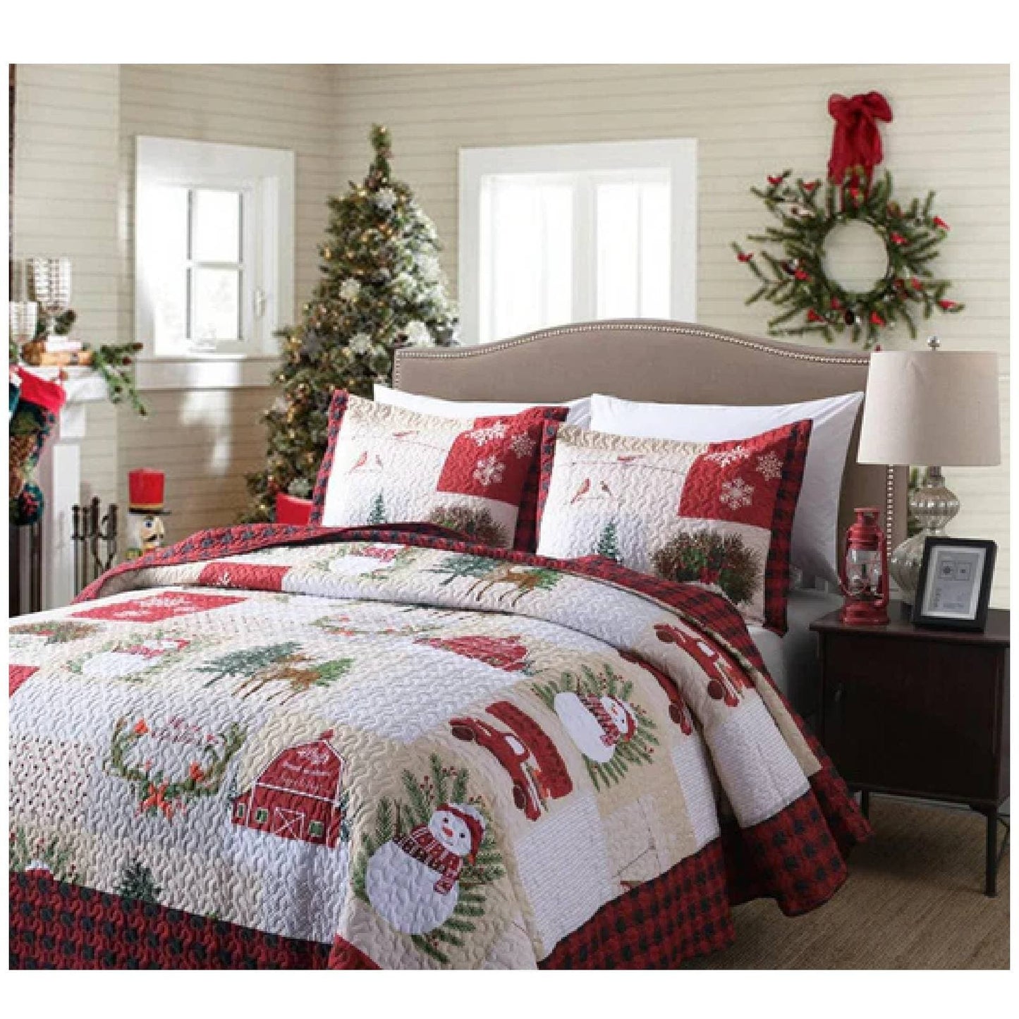 MarCielo Christmas Patterned Red and Green 3-piece Quilt Set