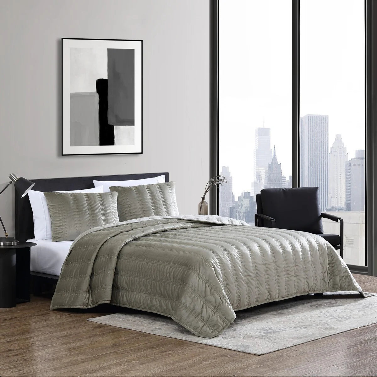Vera Wang Velvet Linear Stitch Solid Quilt Set
