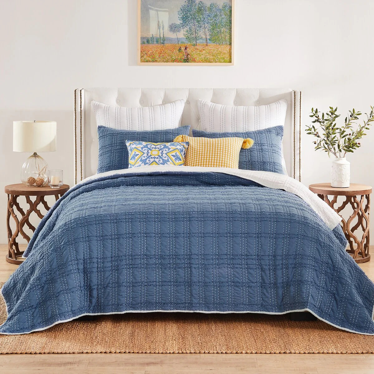 Greenland Home Fashions Portofino Finely Stitched Ruffled Reversible 100% Cotton Quilt Set