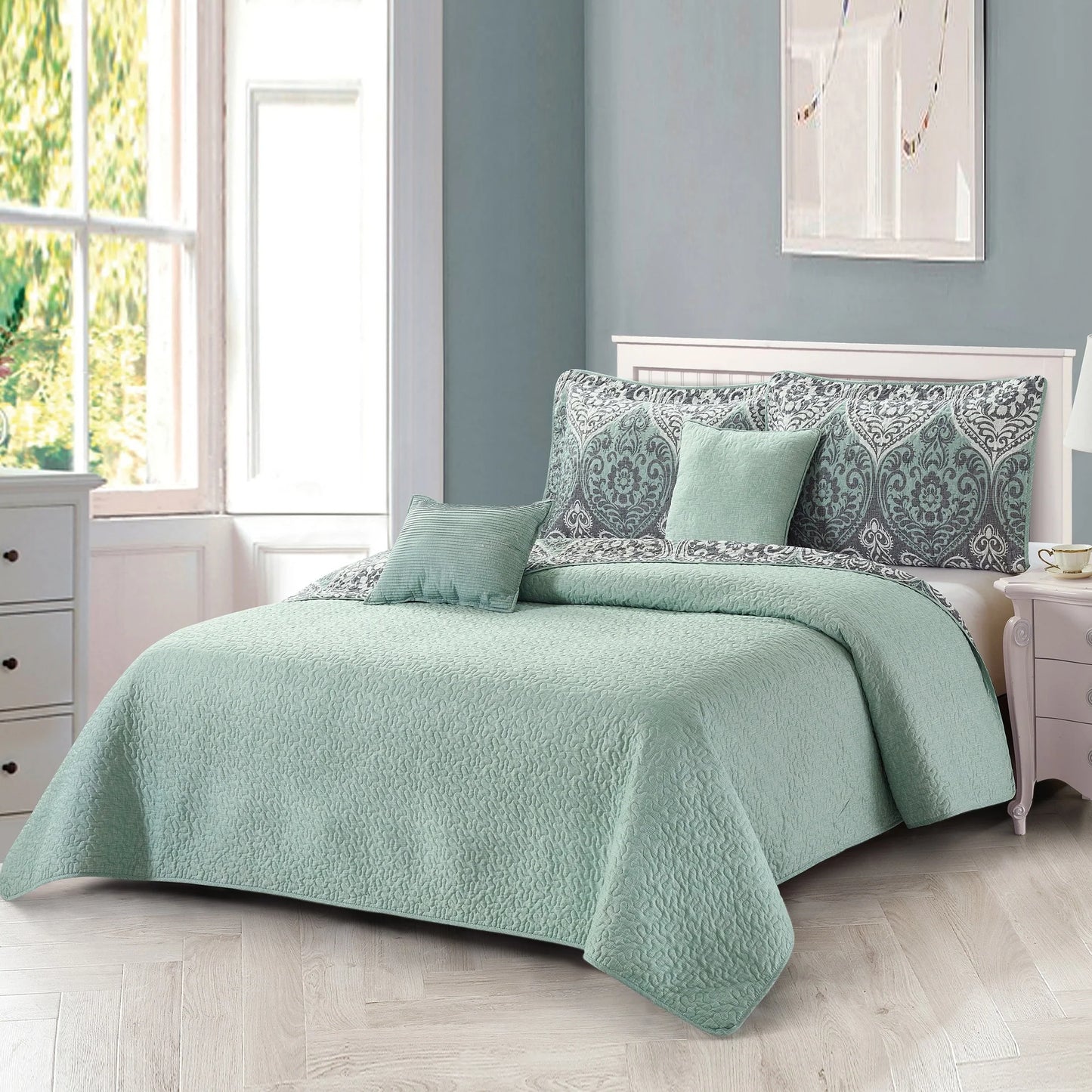 Home Soft Things 5 Piece Kingston Damask Printed Microfiber Quilts