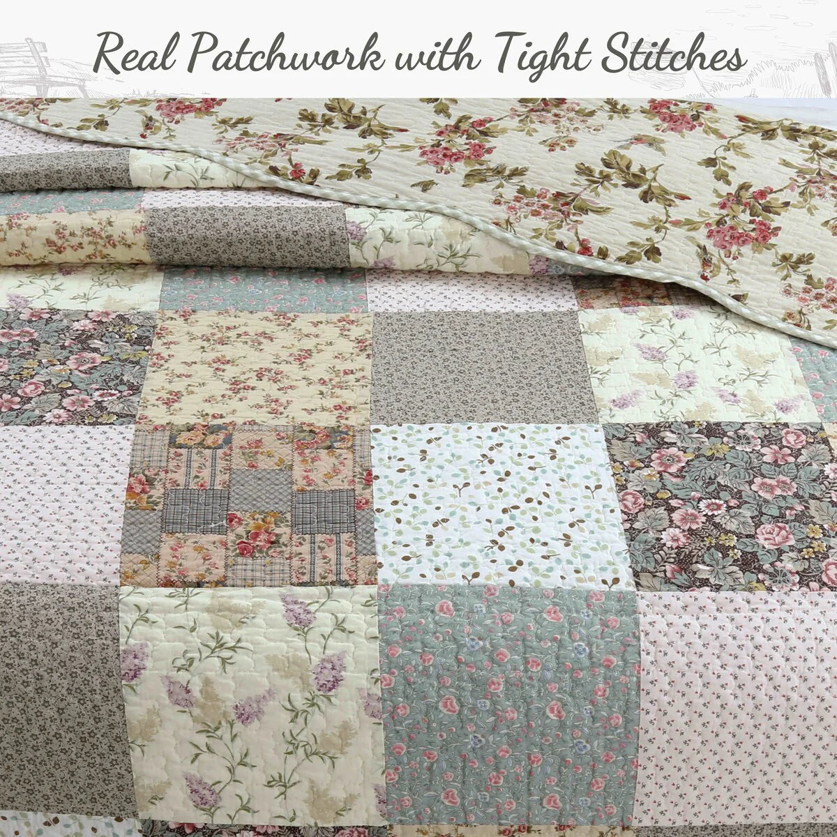 Country Cottage Floral Chic Scalloped Patchwork Cotton 3-Piece Quilt Bedding Set