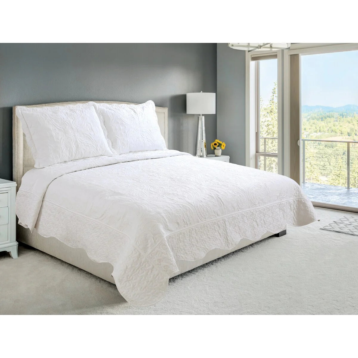 Marina Decoration Embroidered Stitching Coverlet Bedspread Ultra Soft Solid Summer Quilt Set, Floral Paisley