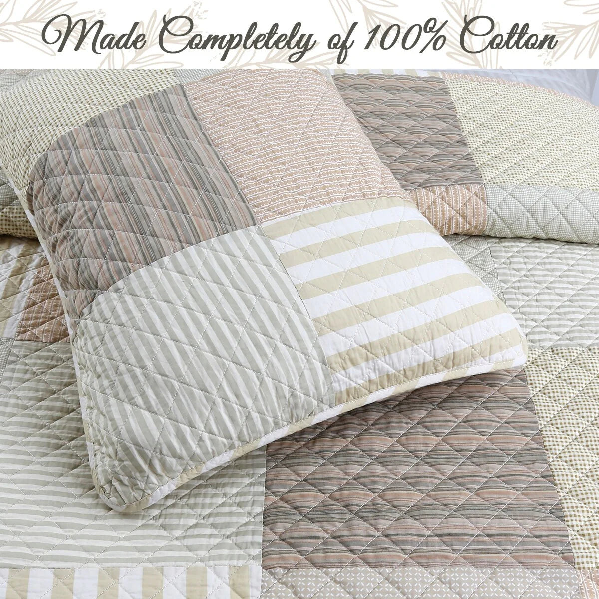 Cozy Line Stripe Checker Patchwork Cotton Reversible 3 Piece Quilt Bedding Set