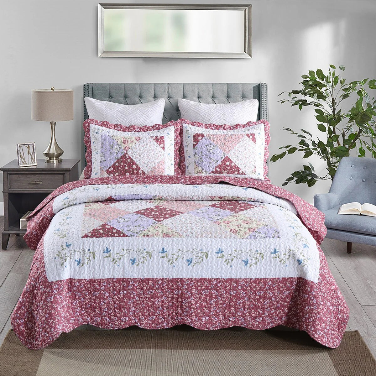 MarCielo 3 Piece Printed Quilt Set Lightweight Bedspread Set Lily
