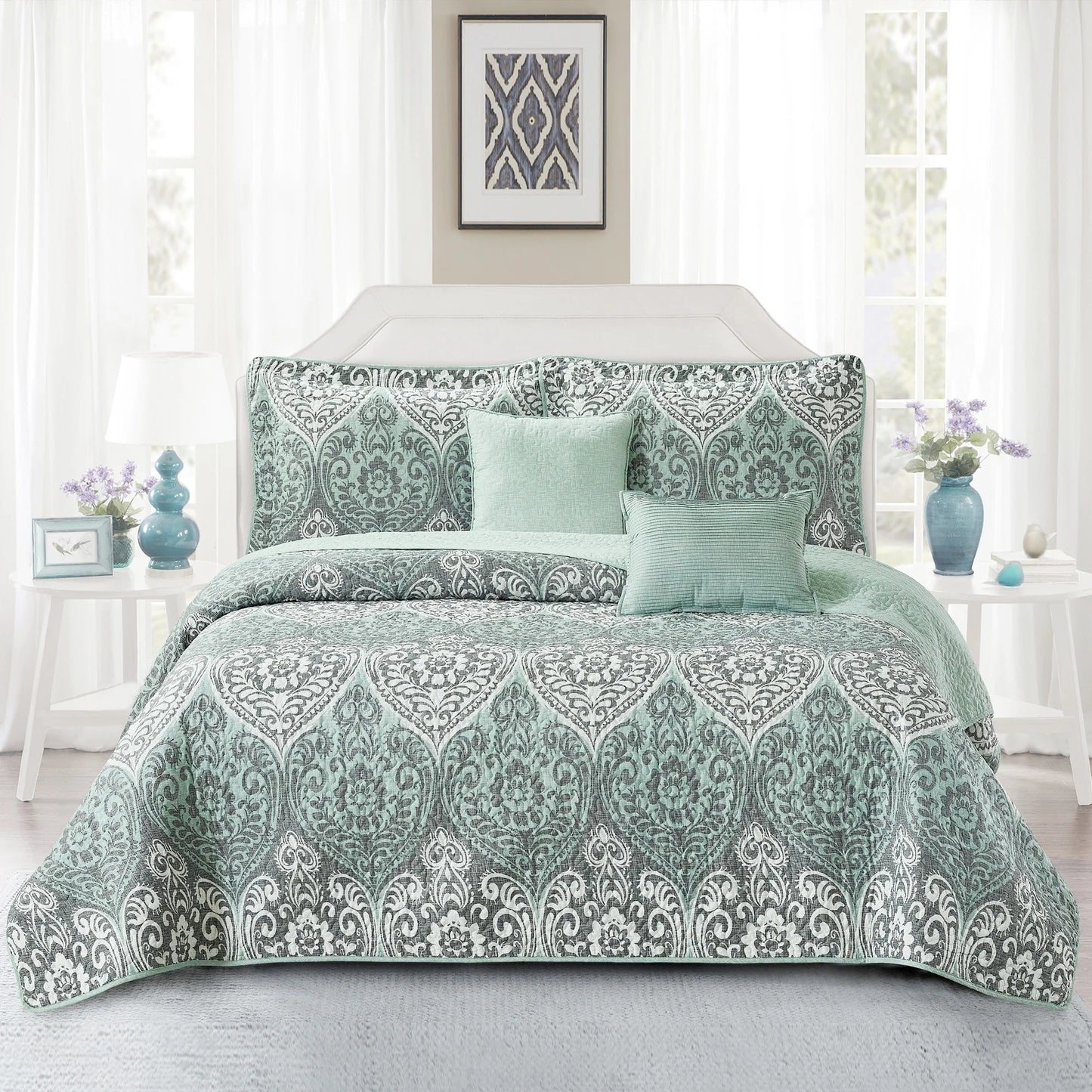 Home Soft Things 5 Piece Kingston Damask Printed Microfiber Quilts