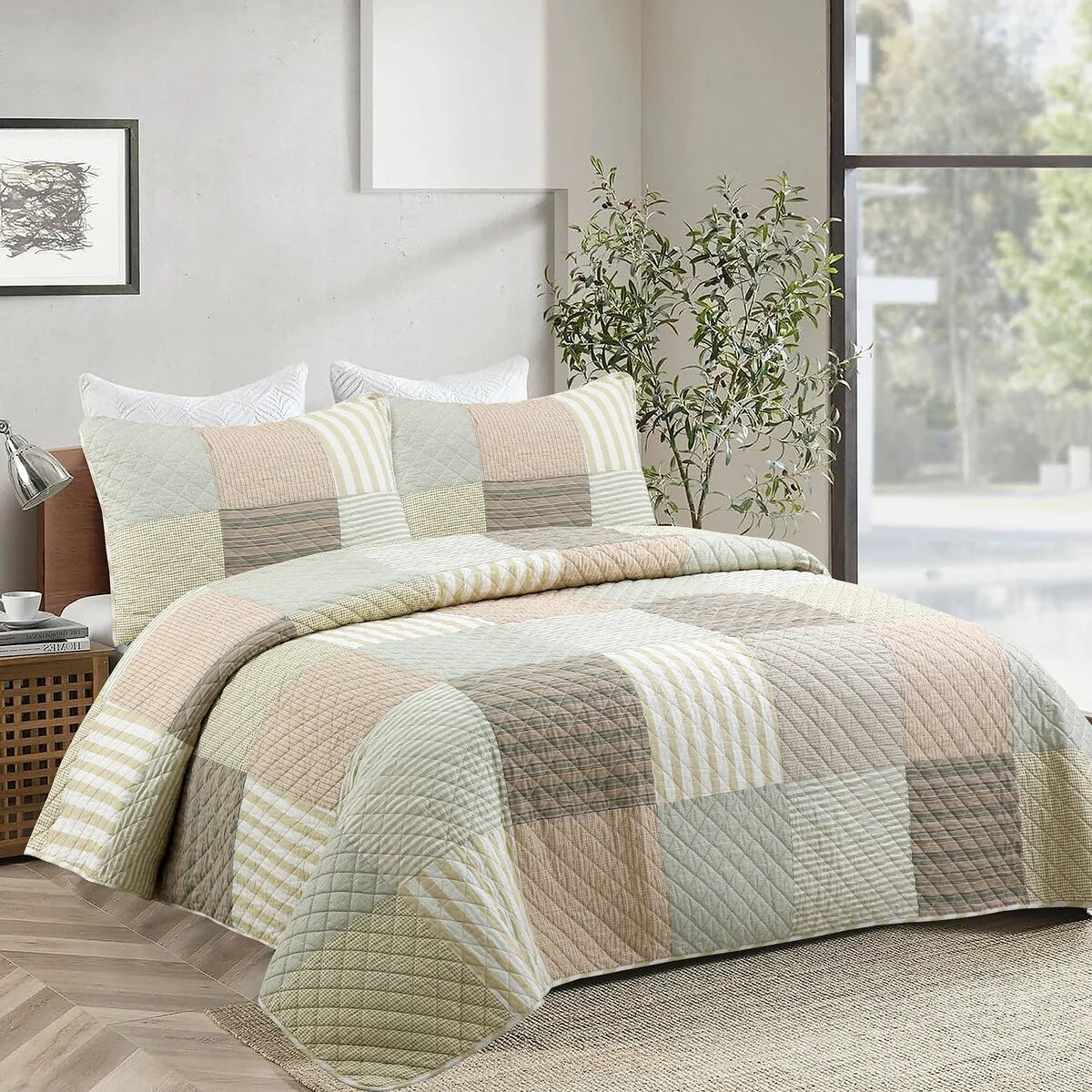 Cozy Line Stripe Checker Patchwork Cotton Reversible 3 Piece Quilt Bedding Set