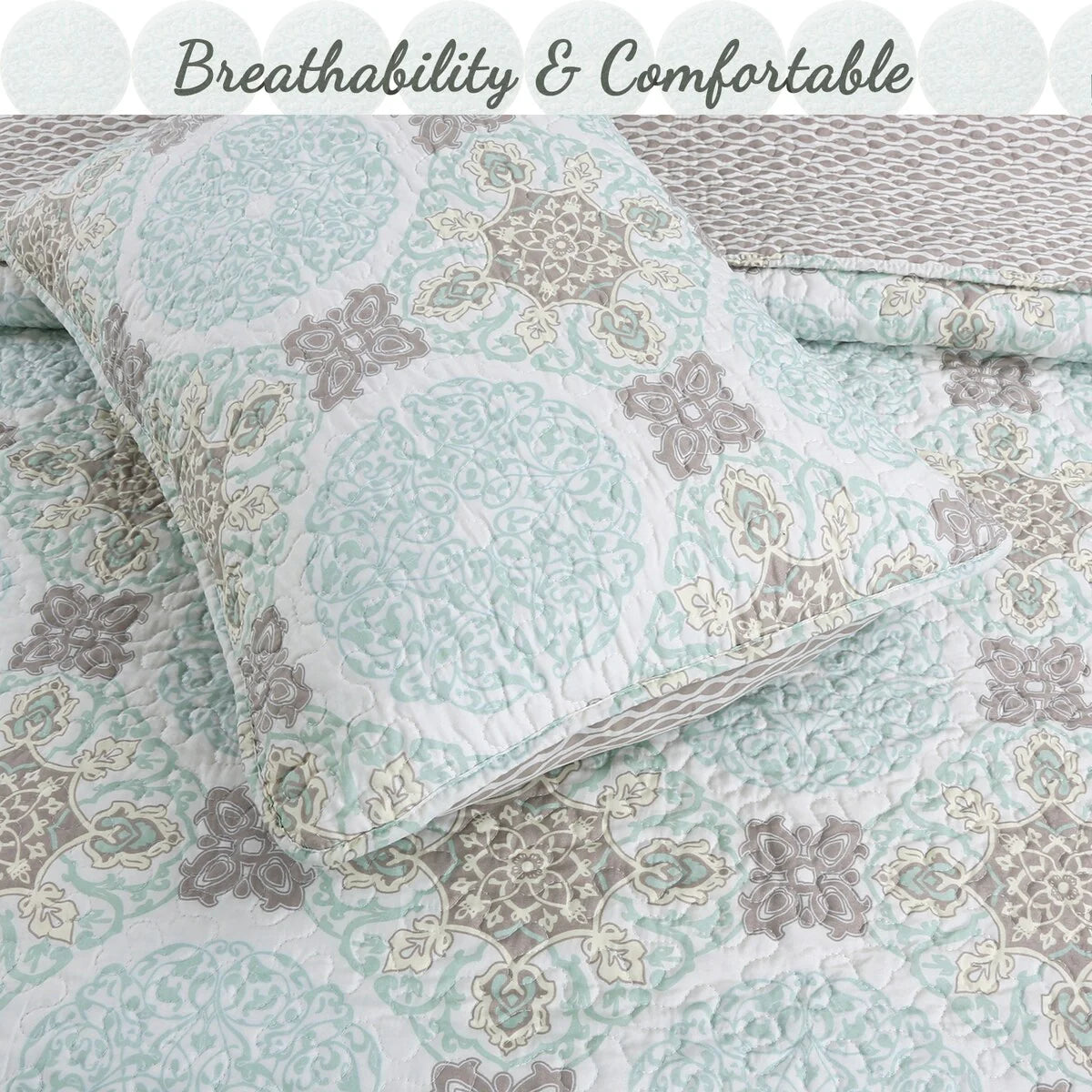 Cozy Line Light Green Aqua Damask Reversible Bedding Quilt Set