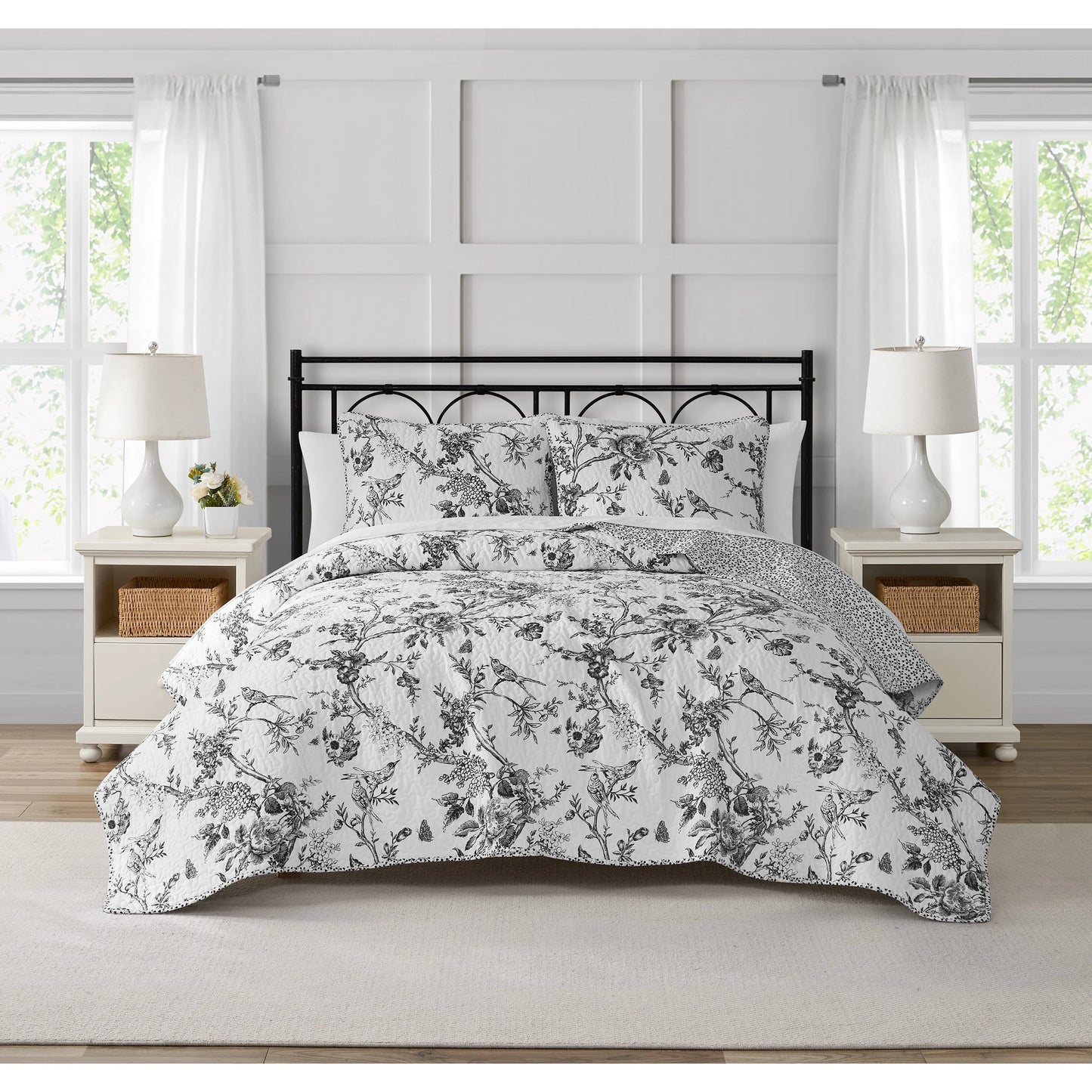 CEDAR COURT Chantilly Toile Floral All-Season Reversible Cotton Quilt Set