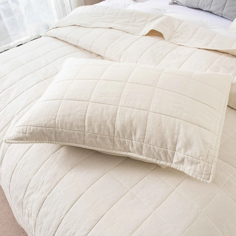 WHOLINENS Box Stitch Stone Washed Linen Blend Quilt & Pillow Shams Set