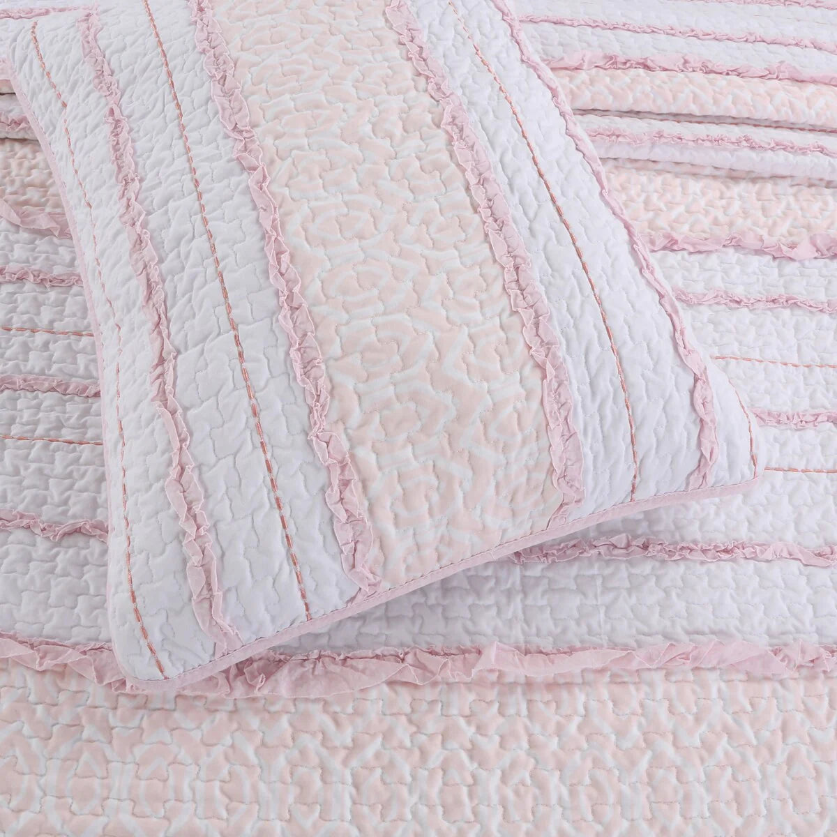 Cozy Line Pretty in Pink Girly Ruffle Pink Cotton Quilt Bedding Set with 2 Throw Pillows