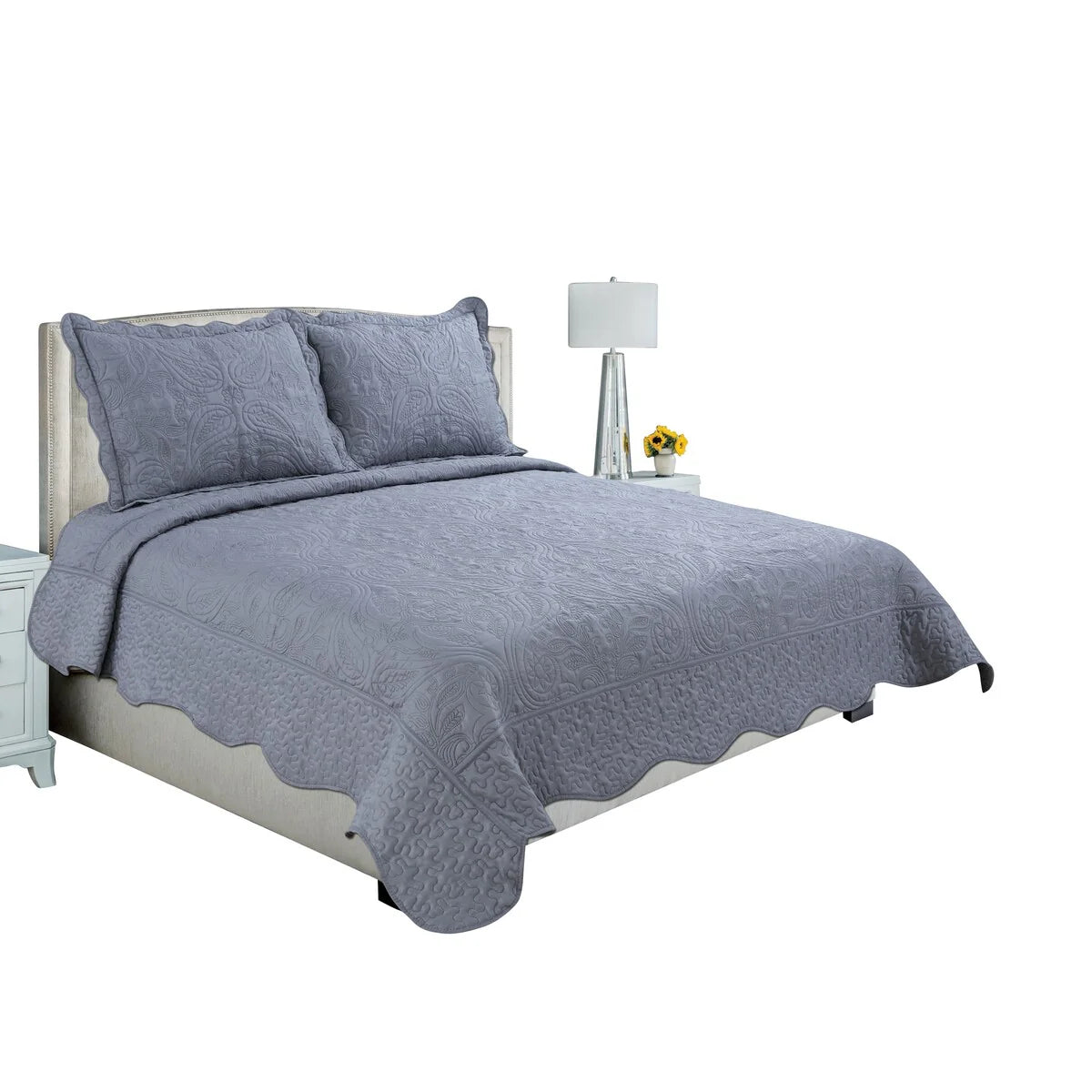 Marina Decoration Embroidered Stitching Coverlet Bedspread Ultra Soft Solid Summer Quilt Set, Floral Paisley