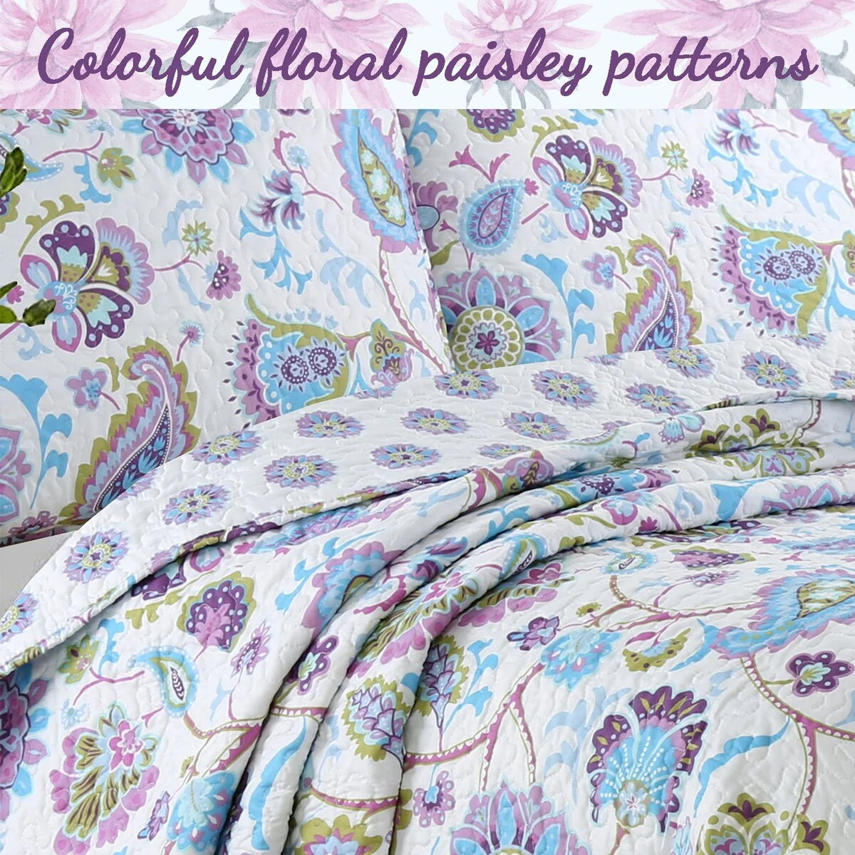 Cozy Line Lavender Purple Blue Floral Paisley 3-Piece Quilt Bedding Set