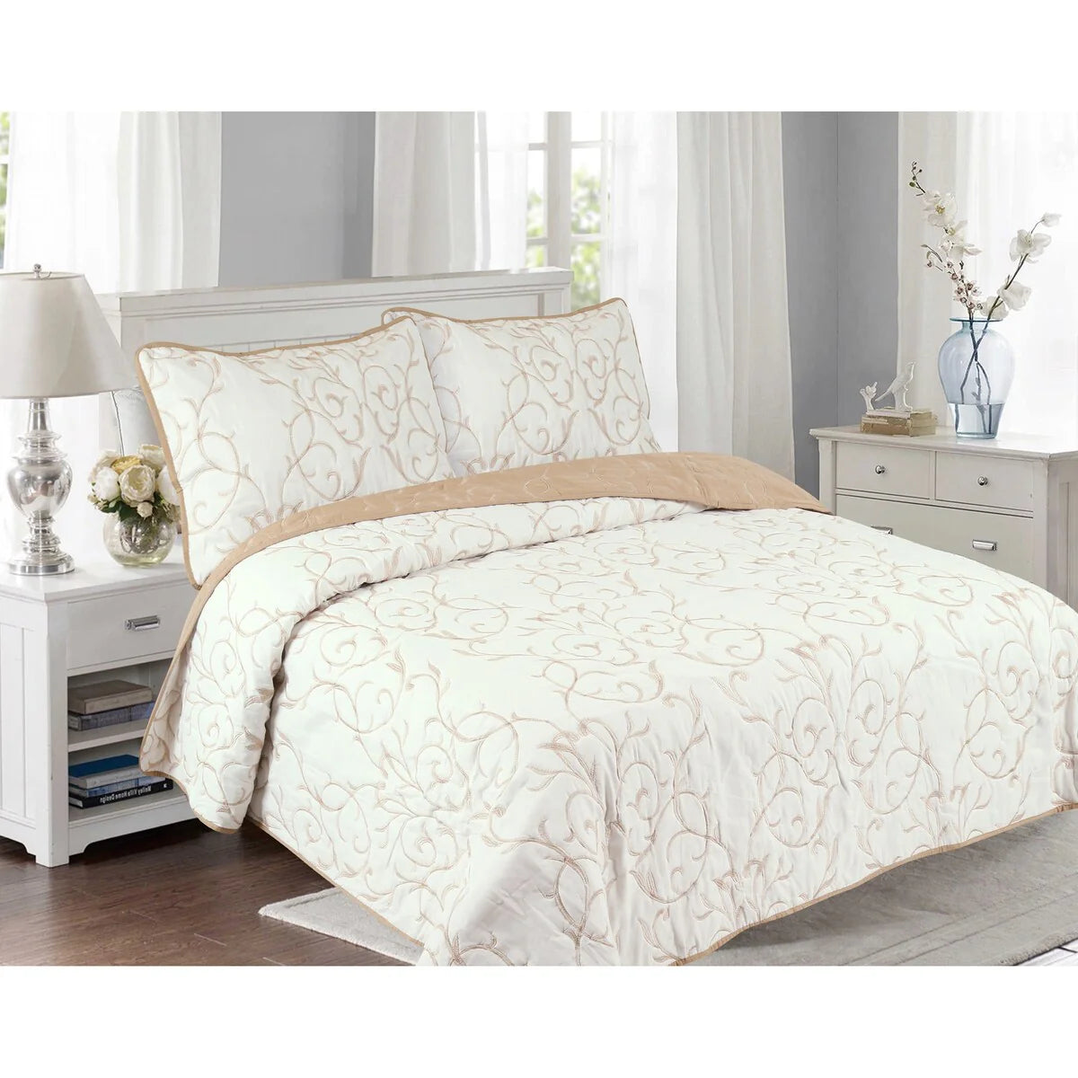 Marina Decoration Embroidered Stitching Coverlet Bedspread Ultra Soft Solid Summer Quilt Set, Modern Branch Pattern