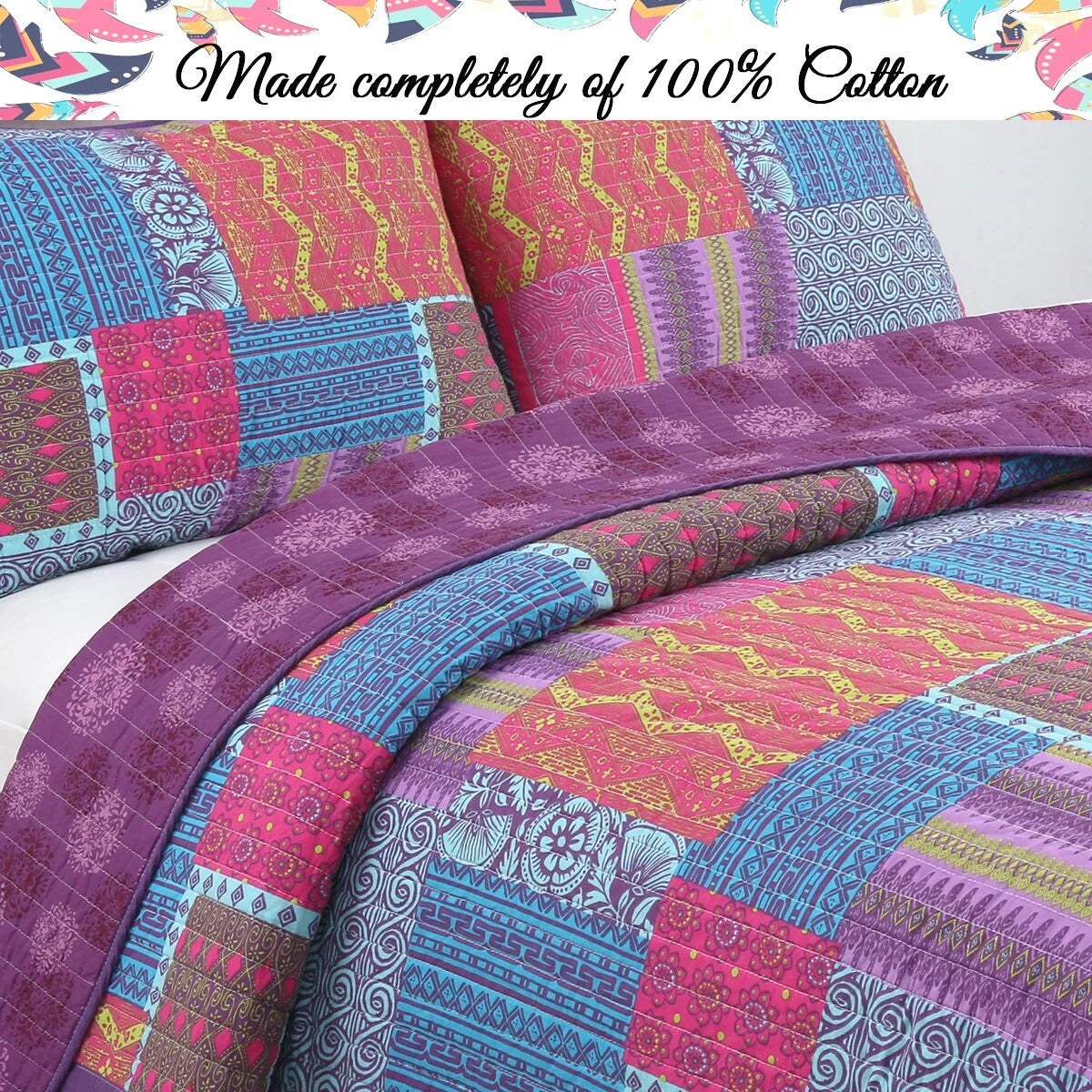 Cozy Line Aldiana 3-Piece Purple Patchwork Reversible Cotton Quilt Bedding Set