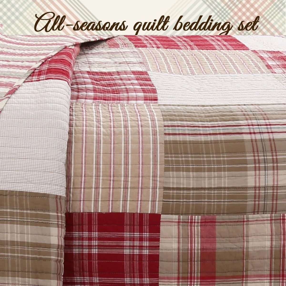Cozy Line Alivia Red Plaid Real Patchwork Cotton Reversible Quilt Bedding Set