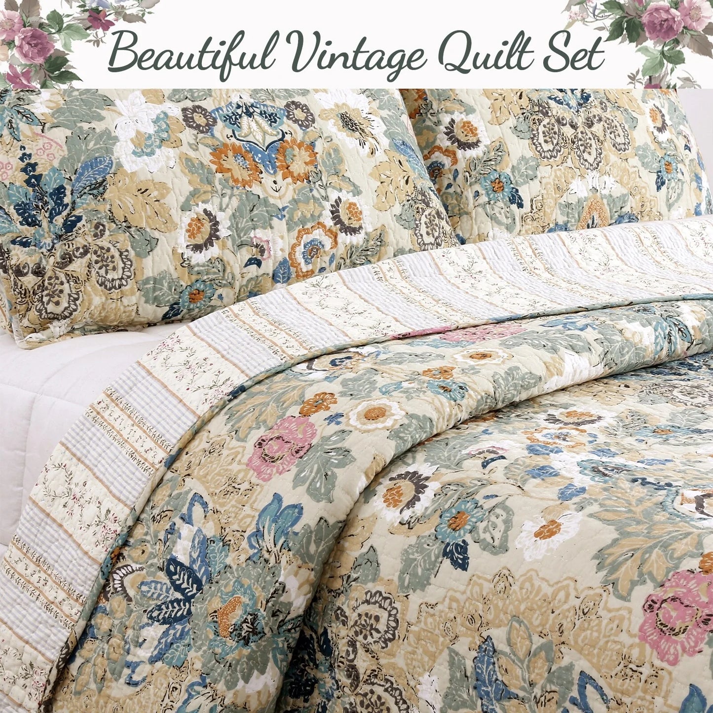 Cozy Line Florabella Cotton Golden Floral 3-pc. Reversible Quilt Bedding Set