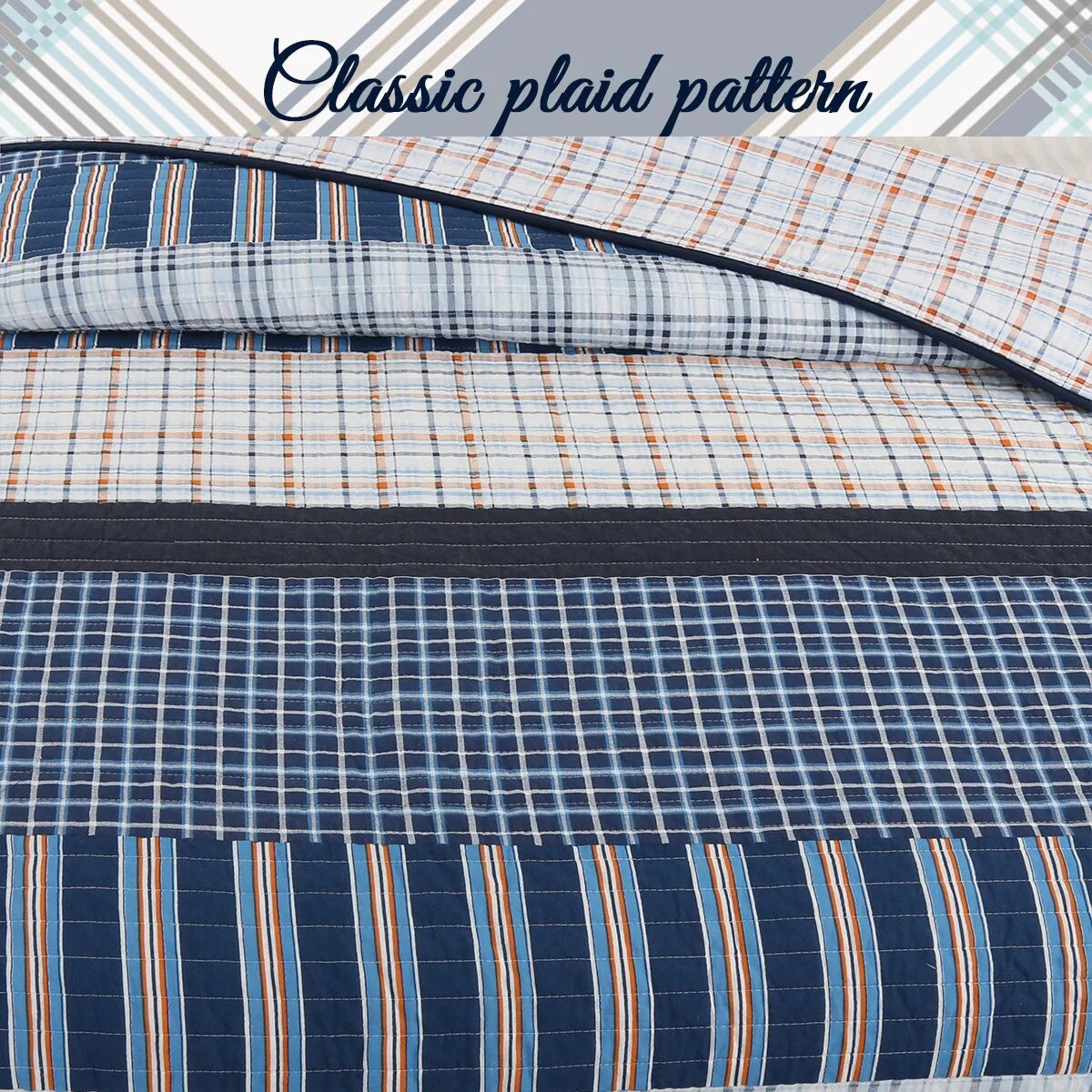 Cozy Line Navy Orange Stripe Reversible Cotton Quilt Bedding Set