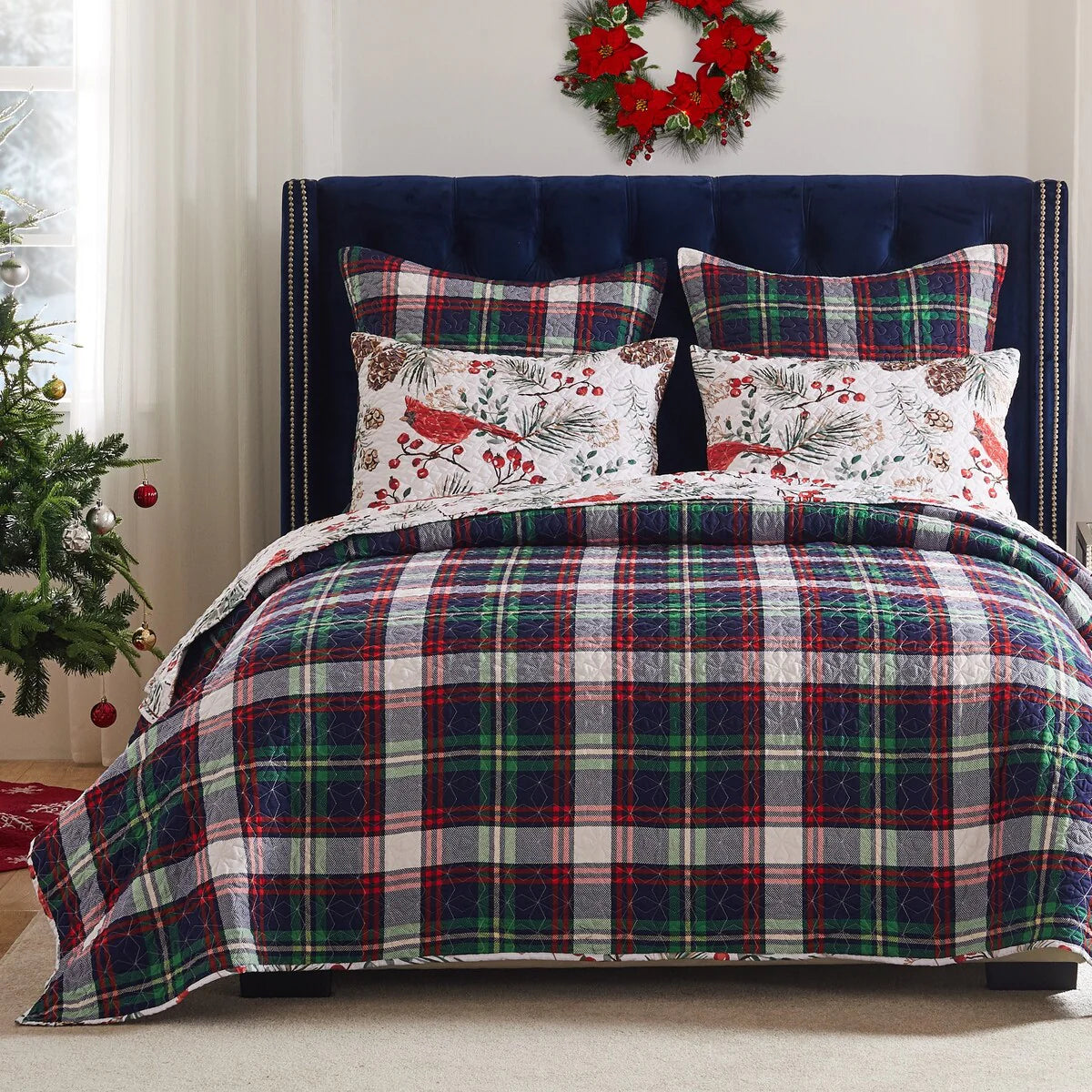 Greenland Home Cardinal Plaid Winter Wonderland Reversible Quilt Set