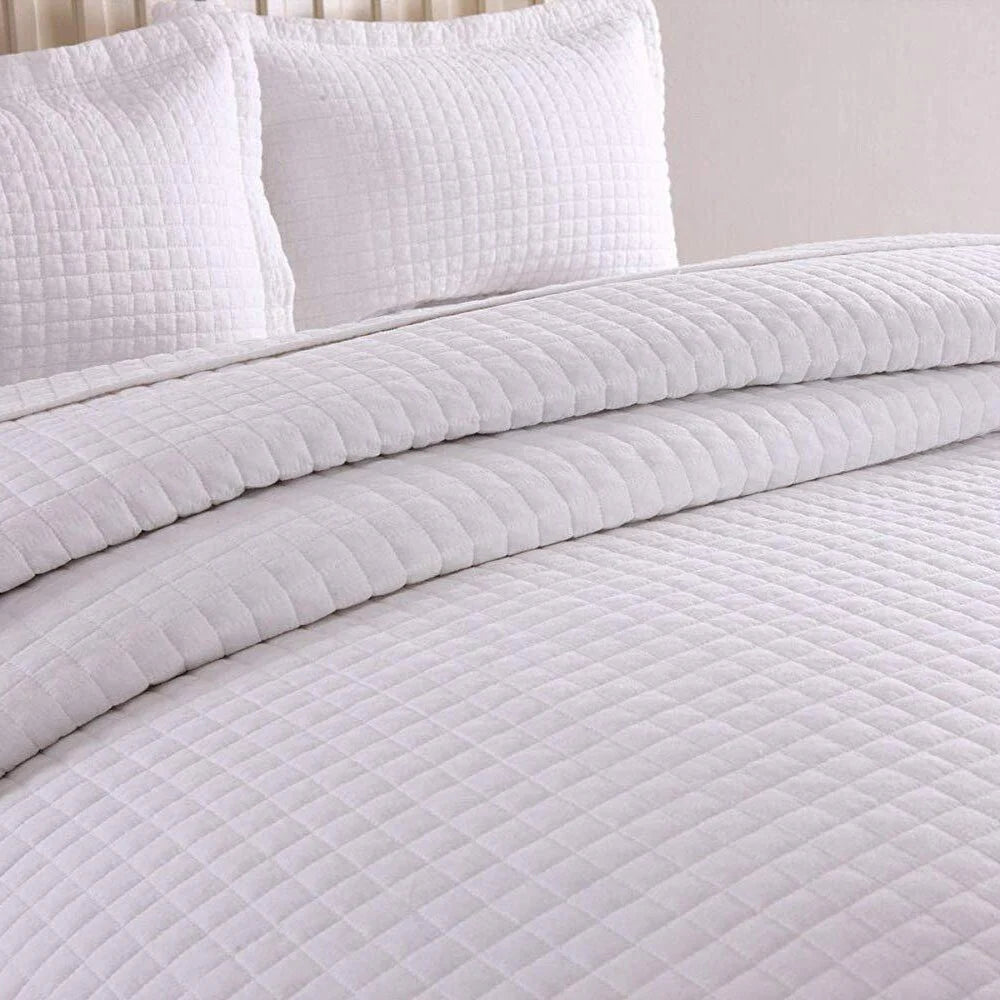 3 Pcs White Cotton Quilt Set Lightweight Bedspread Set Check