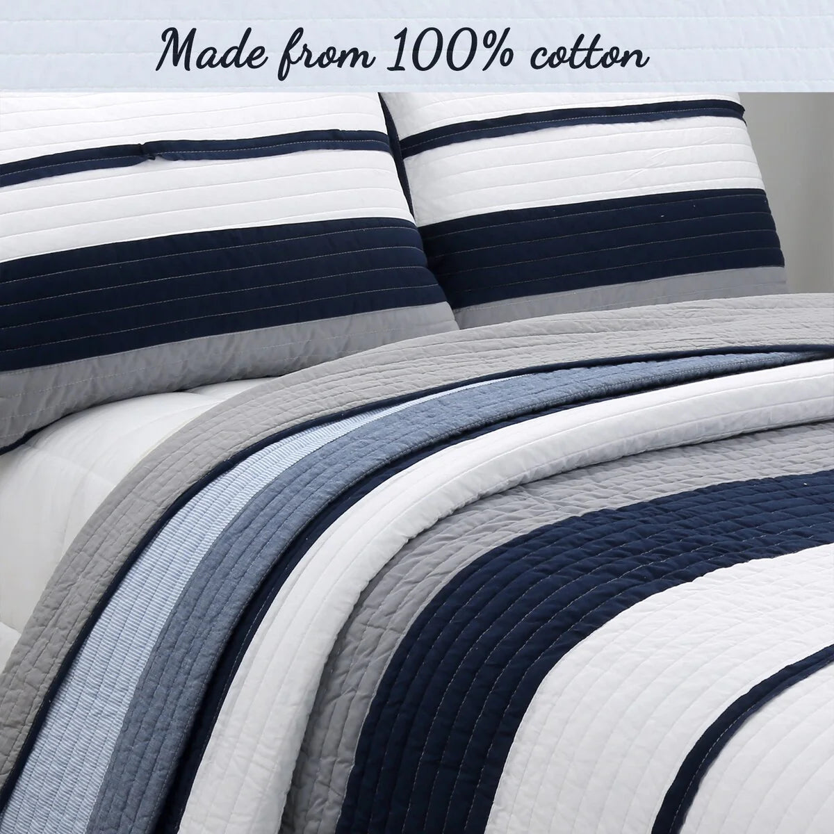 Cozy Line Tranquil Blue Gray Stripes Cotton Quilt Bedding Set