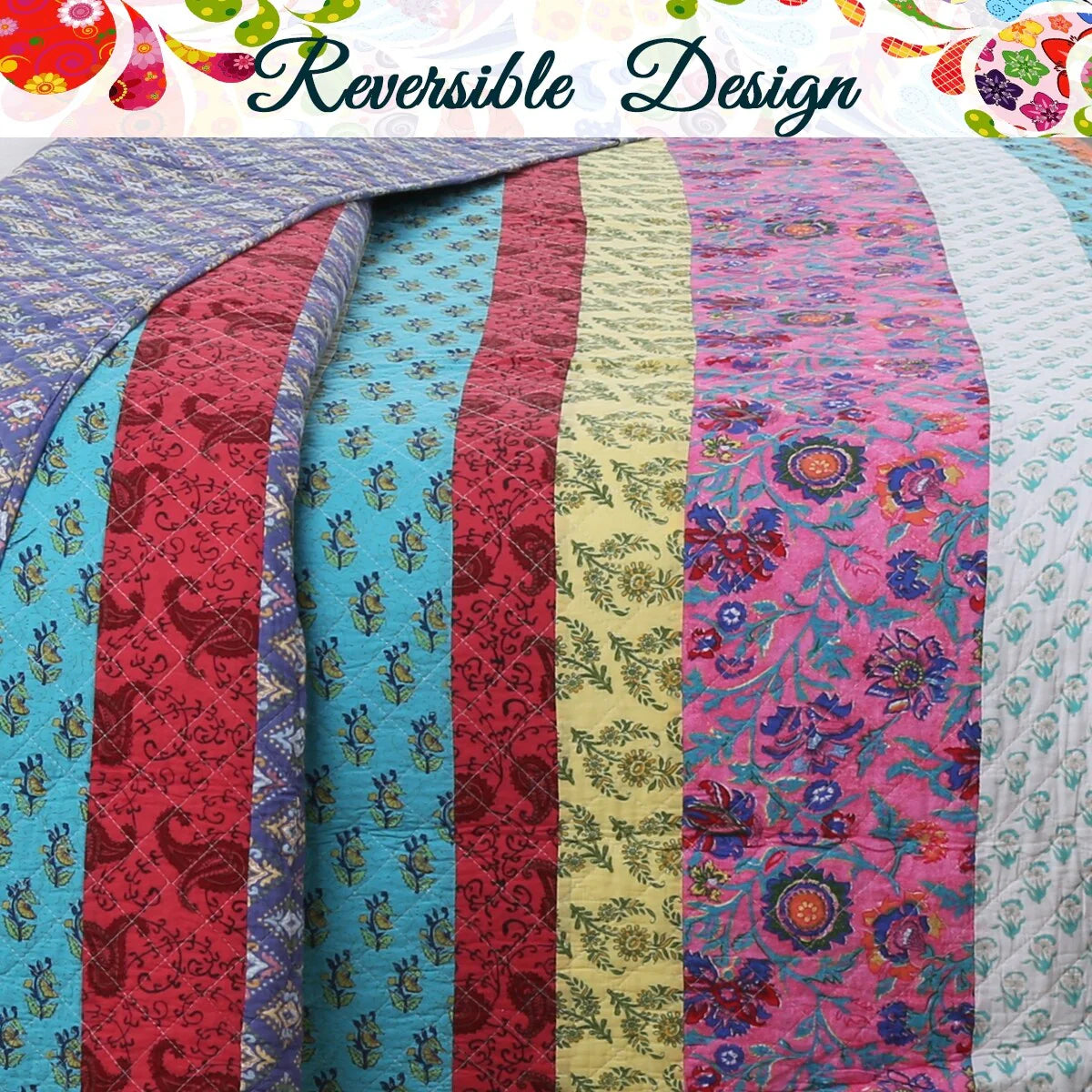 Cozy Line Kozlowski 3-Piece Rainbow Stripe Reversible Cotton Quilt Bedding Set