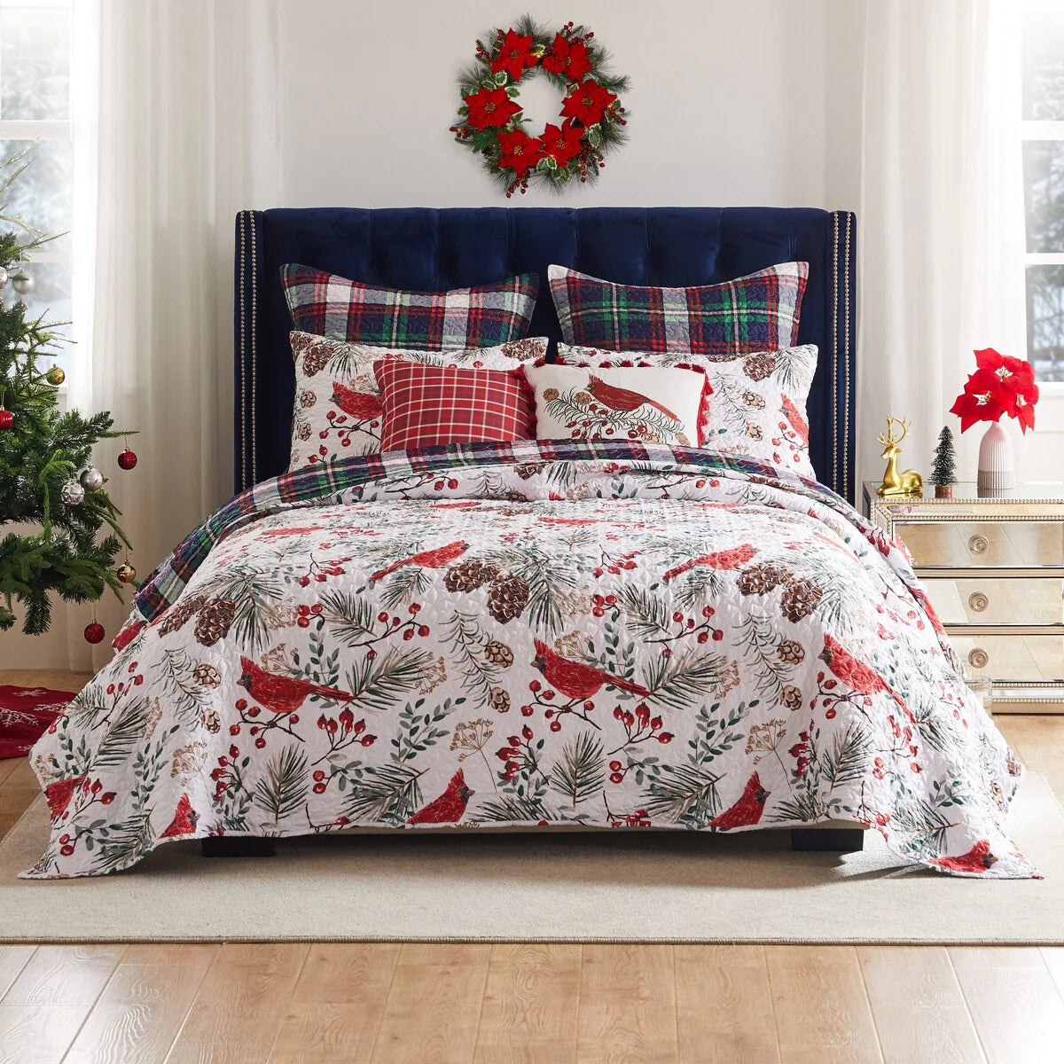 Greenland Home Cardinal Plaid Winter Wonderland Reversible Quilt Set