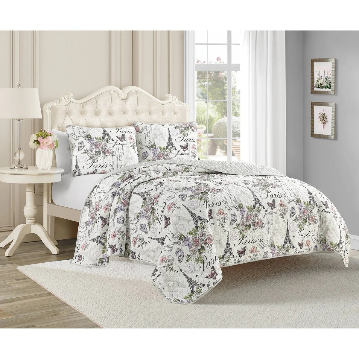 Paris Floral Pink Cotton 3-Piece Reversible Quilt Set