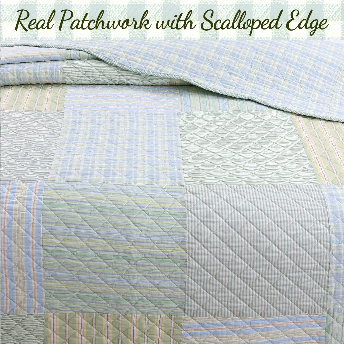 Cozy Line Square Patchwork Plaid Stripes Blue Green Cotton 3-Piece Reversible Quilt Bedding Set