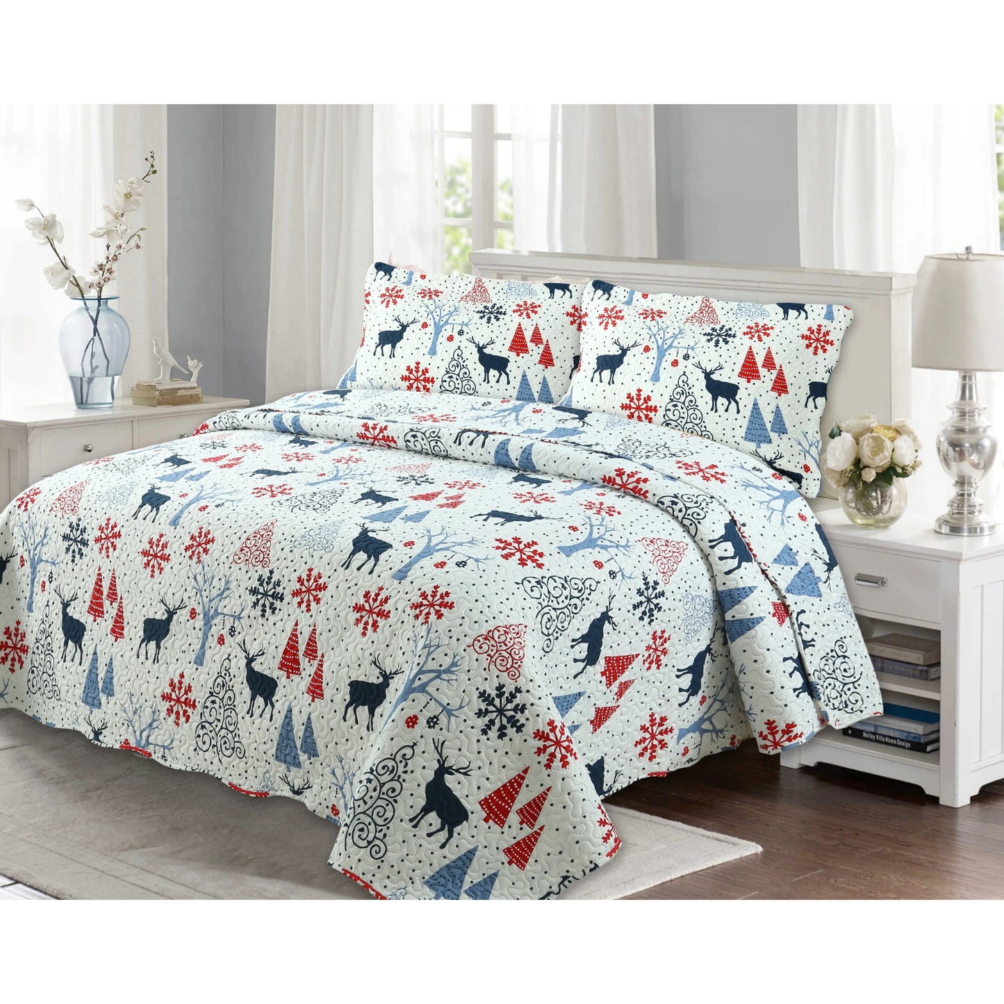 Printed Embossed Pinsonic Coverlet Bedspread Ultra Soft Bedspread Coverlet Christmas Quilt Set, Xmas Reindeer and Tree
