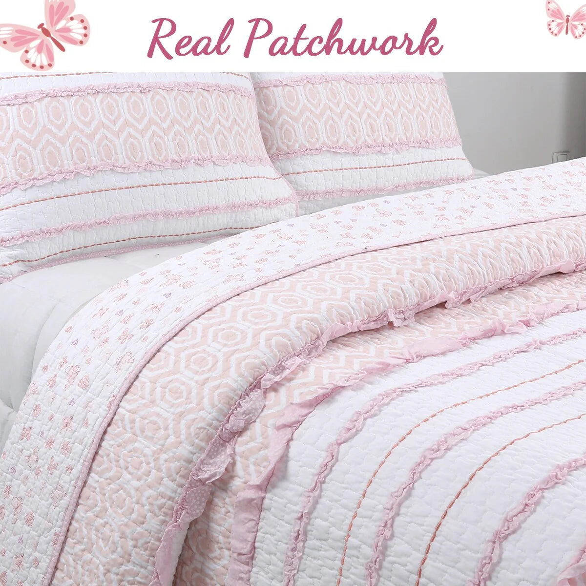 Cozy Line Pretty in Pink Girly Ruffle Pink Cotton Quilt Bedding Set with 2 Throw Pillows