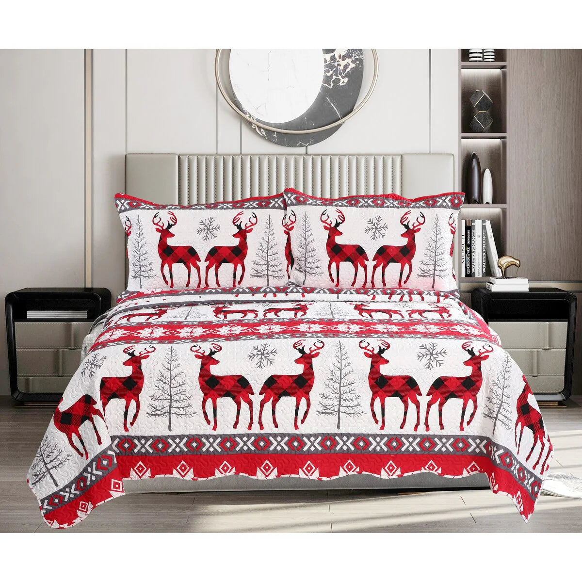 Printed Embossed Pinsonic Coverlet Bedspread Ultra Soft Bedspread Coverlet Christmas Quilt Set, Xmas Snowflake and Deer