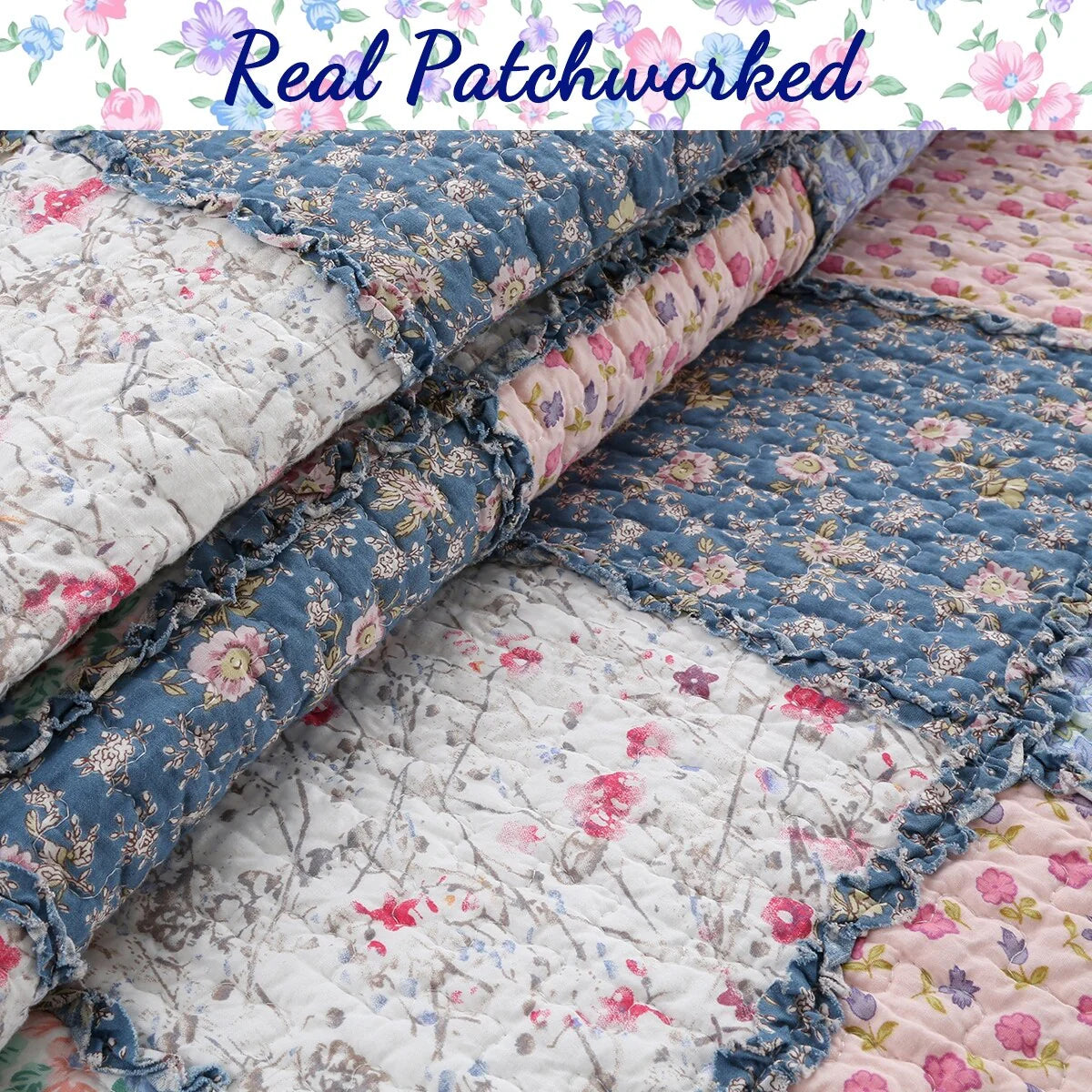 Cozy Line Aphrodite Patchwork Blue Floral 3 Piece Reversible Cotton Quilt Bedding Set
