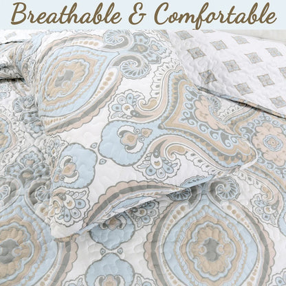 Cozy Line Modern Medallion Sky Blue Tan Gray Brocade Polyester Quilt Bedding Set