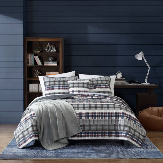Nautica Marina Cove Grey Cotton Reversible Quilt Bonus Set