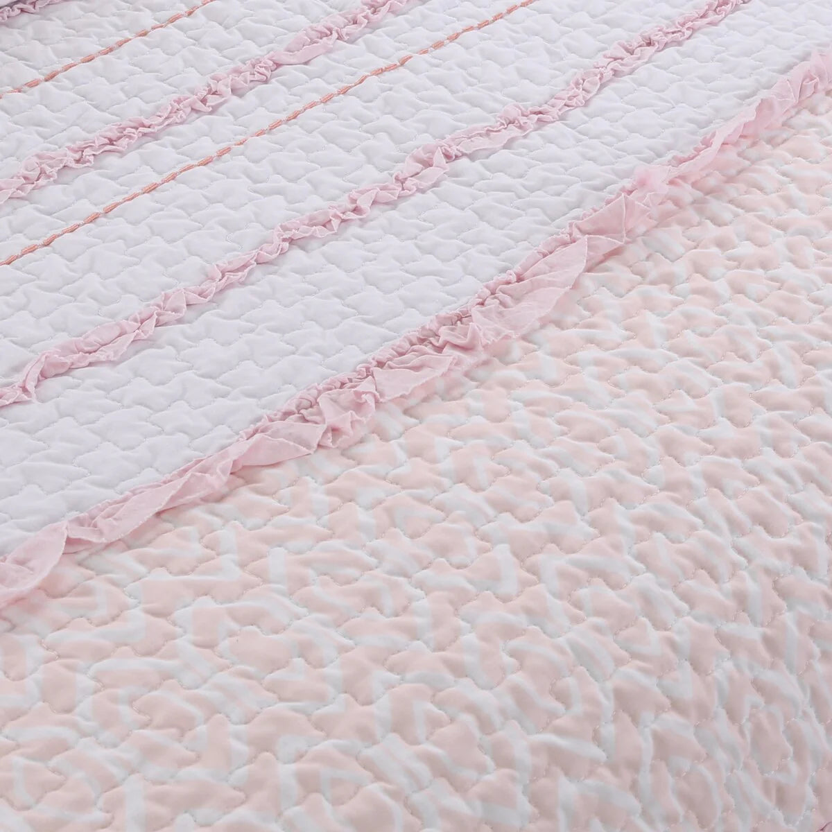 Cozy Line Pretty in Pink Girly Ruffle Pink Cotton Quilt Bedding Set with 2 Throw Pillows