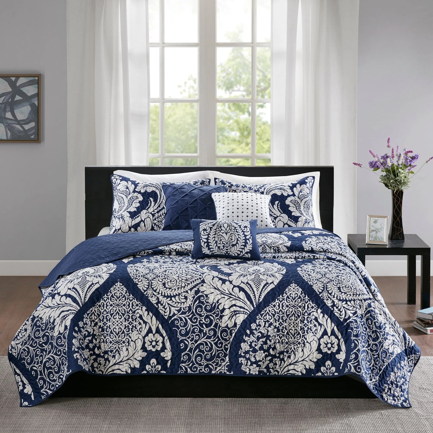 Madison Park Marcella 6 Piece Printed Cotton Quilt Set with Throw Pillows