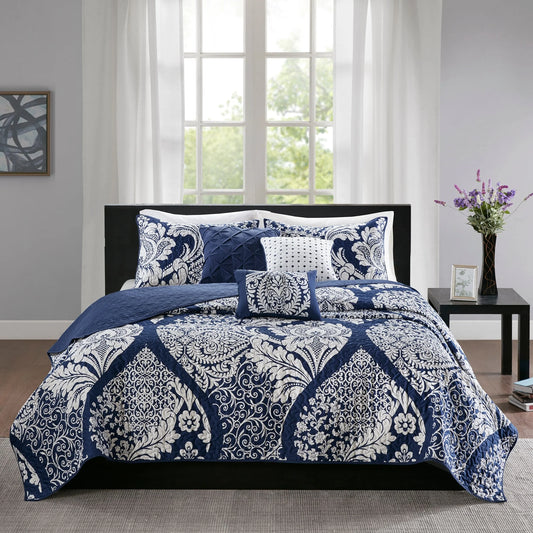 Madison Park Marcella 6 Piece Printed Cotton Quilt Set with Throw Pillows