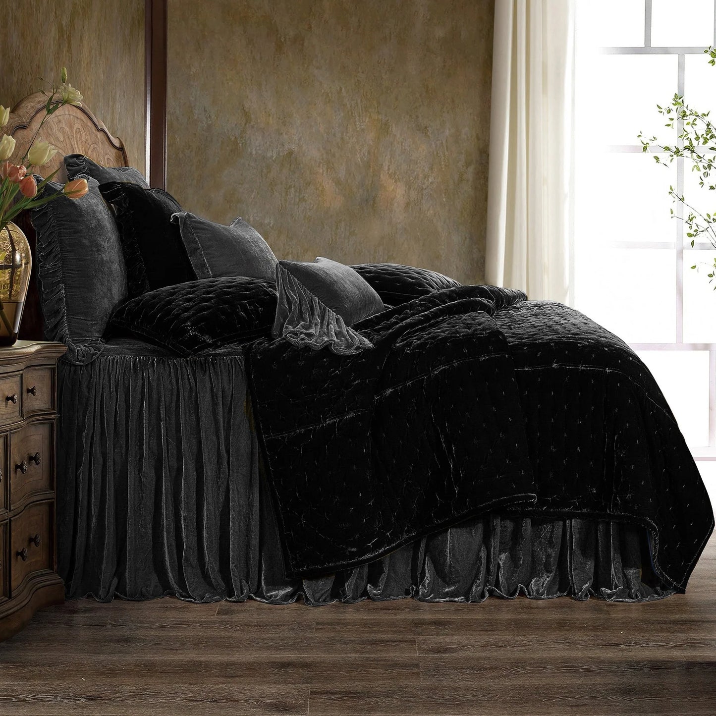 HiEnd Accents Stella Faux Silk Velvet Ruffle Skirt 3 Piece Bedspread Set with Pillow Shams