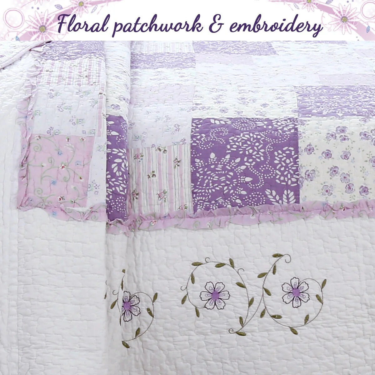 The Purple Floral Barn Quay Road Lilac Patchwork Cotton Reversible Quilt Bedding Set