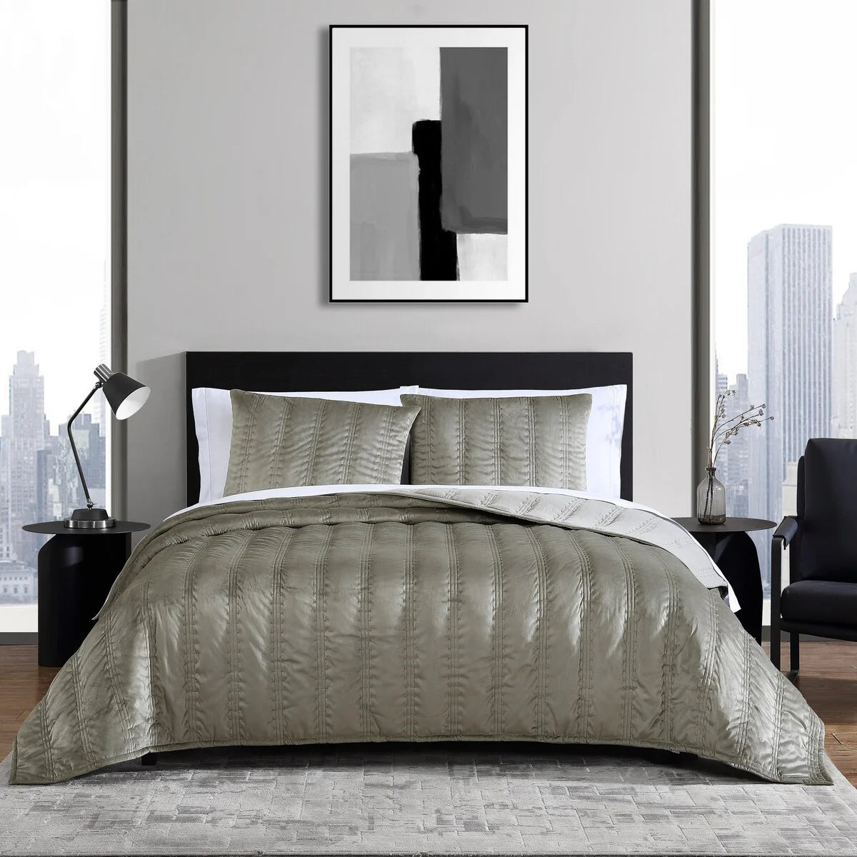 Vera Wang Velvet Linear Stitch Solid Quilt Set
