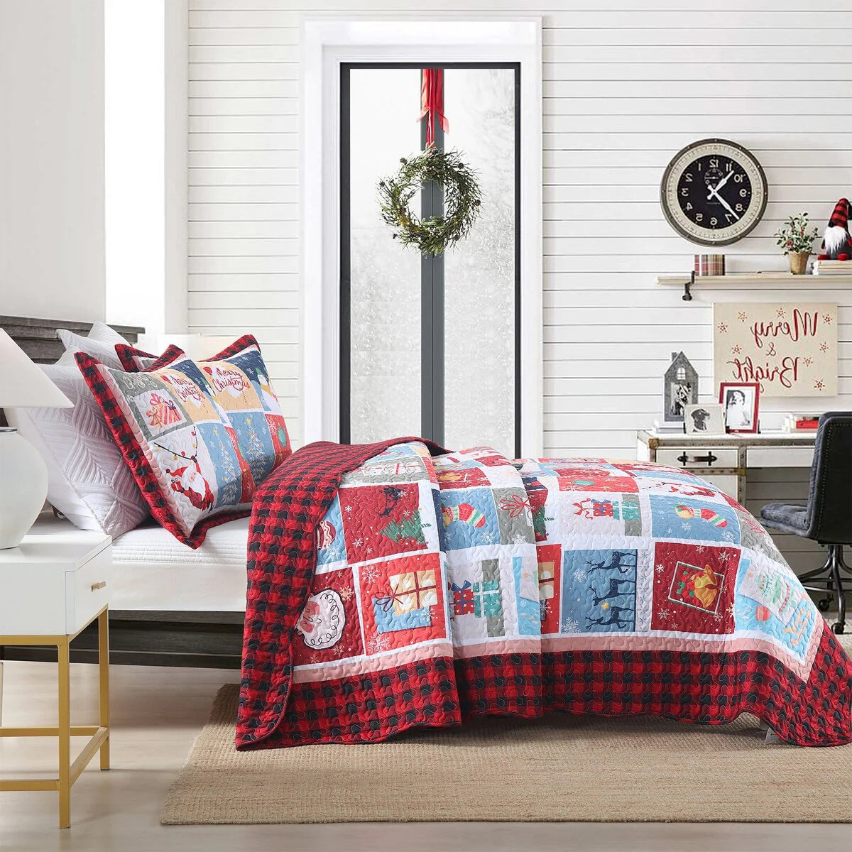 MarCielo 3 Pcs Festive Christmas Quilt Bedspread Set Holiday Bedding C104