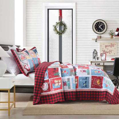 MarCielo 3 Pcs Festive Christmas Quilt Bedspread Set Holiday Bedding C104