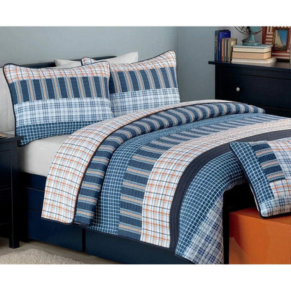 Cozy Line Navy Orange Stripe Reversible Cotton Quilt Bedding Set