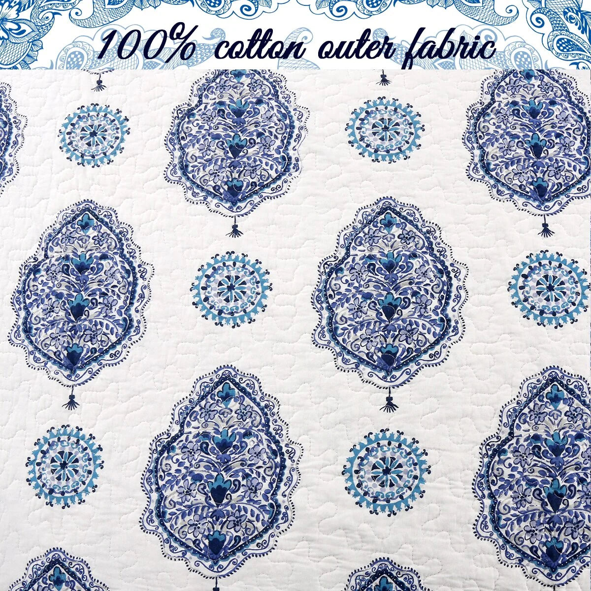 Cozy Line Hittle 3 Piece Cotton Reversible Quilt Bedding Set - Blue/White