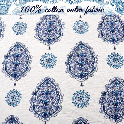 Cozy Line Hittle 3 Piece Cotton Reversible Quilt Bedding Set - Blue/White
