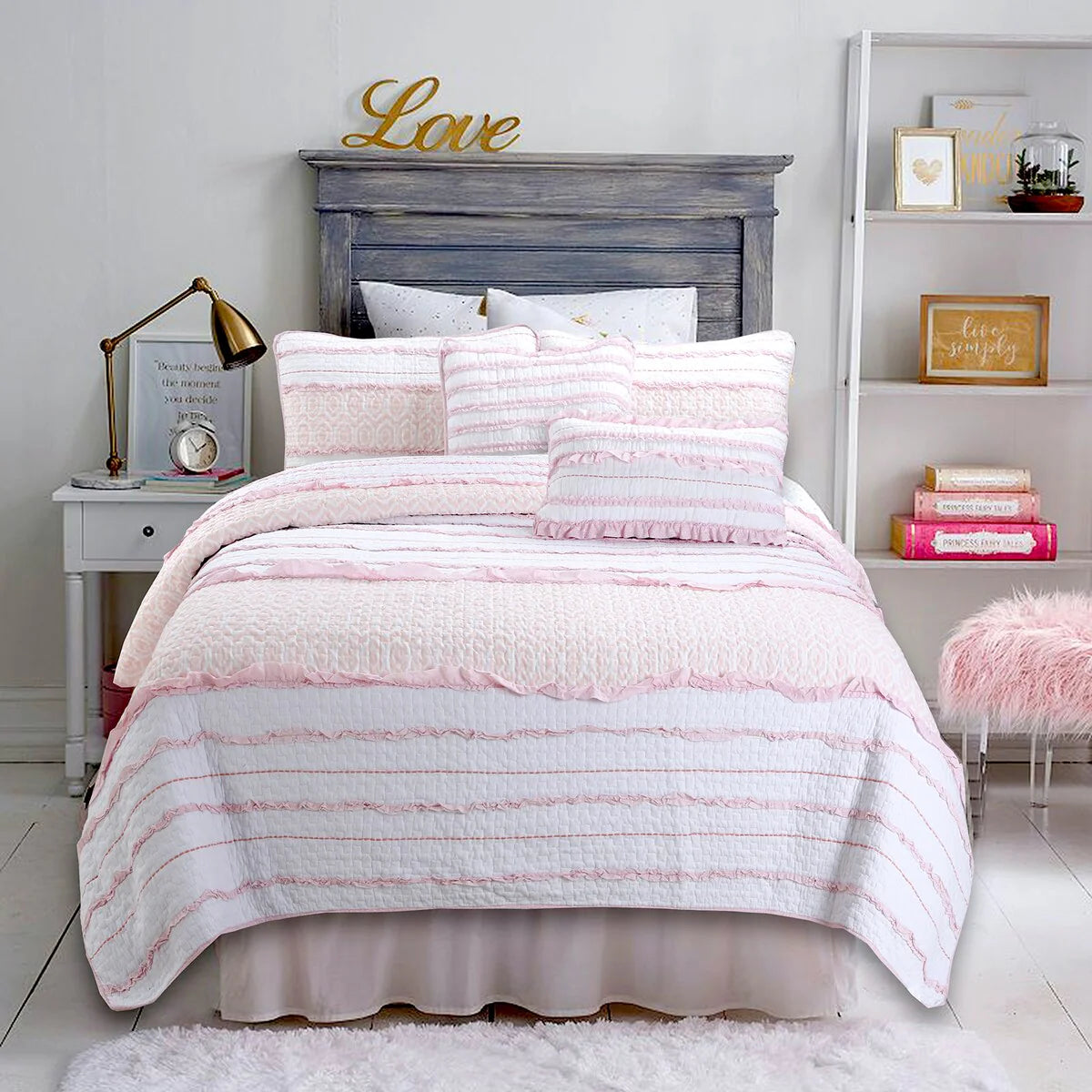 Cozy Line Pretty in Pink Girly Ruffle Pink Cotton Quilt Bedding Set with 2 Throw Pillows