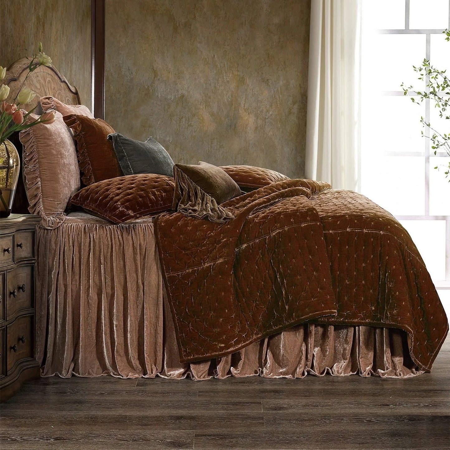 HiEnd Accents Stella Faux Silk Velvet Ruffle Skirt 3 Piece Bedspread Set with Pillow Shams